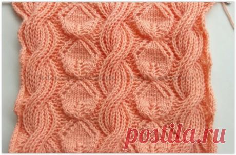 Нежный узор с листиками и жгутами из английской резинки - схема вязания спицами
