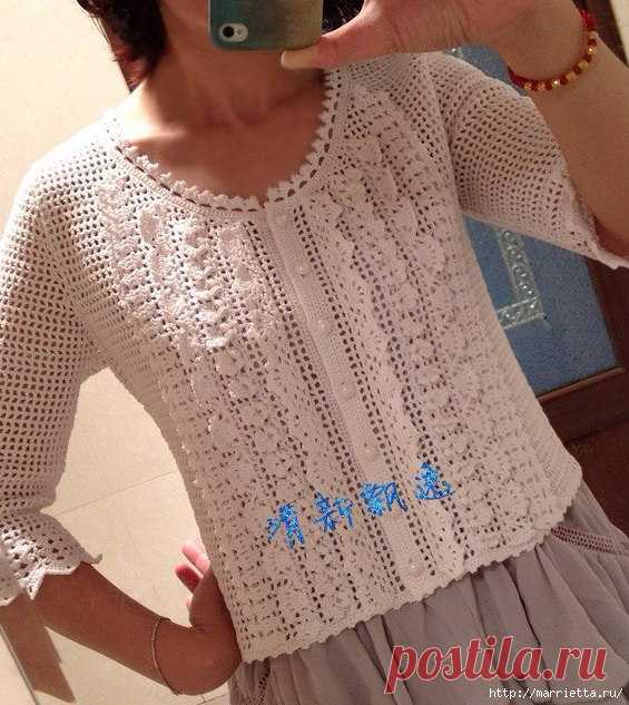 БЕЛАЯ КОФТОЧКА ФИЛЕЙНЫМ ВЯЗАНИЕМ С РЮШАМИ