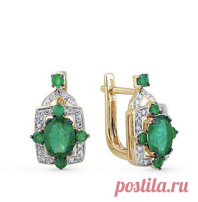 Купить золотые серьги с бриллиантами и изумрудами по цене 36990 руб, желтое золото 585 пробы, 10 изумрудов, 42 бриллианта, смотреть фото и описание 20671 - Sunlight Brilliant
