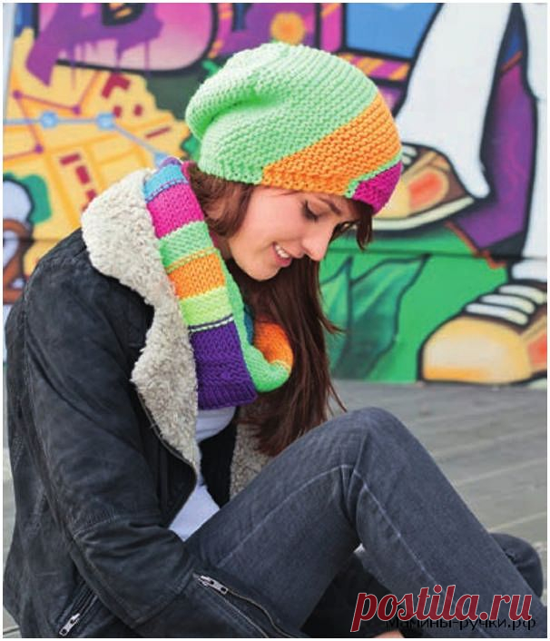 Диагональная шапка и хомут в неоновых тонах, вязаные спицами. Описание - Модели спицами для нас красивых - Мамины ручки