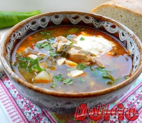 Борщ зеленый с курицей и томатом.