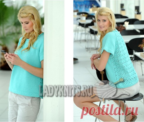 Вязаный спицами летний джемпер реглан с ажурной спинкой