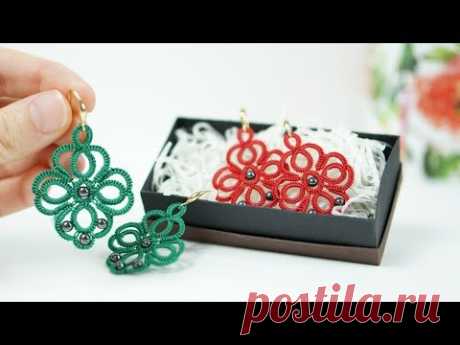 Фриволите иглой. Серьги с бусинами из гематита / Needle tatting. Earrings with hematite beads