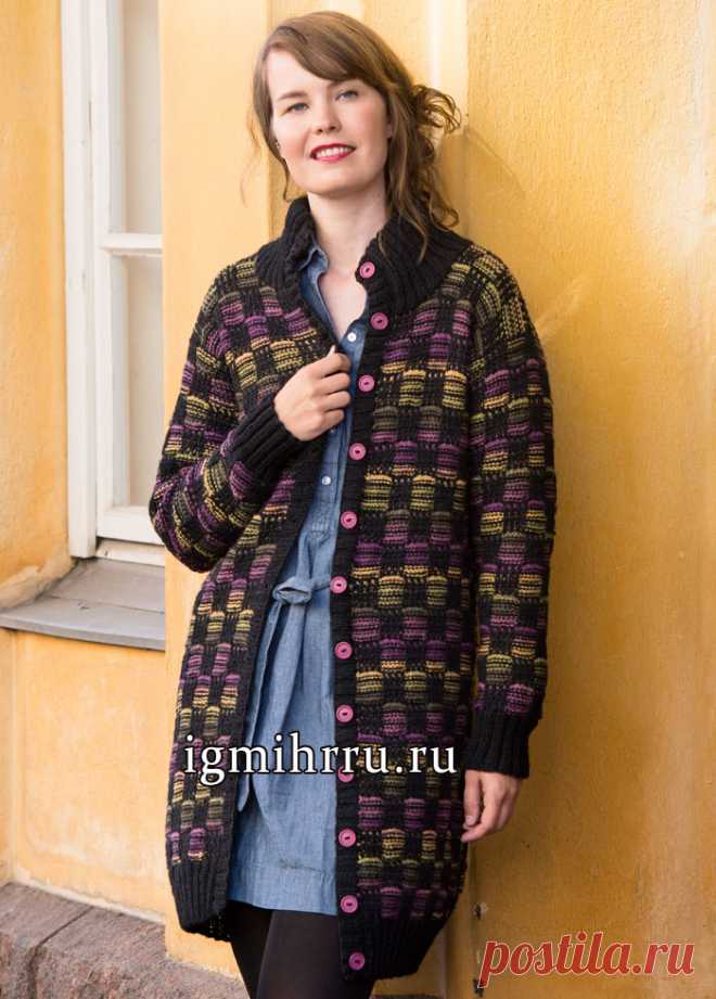Яркий casual на каждый день. Удлиненный жакет «Цветные клетки». Вязание спицами