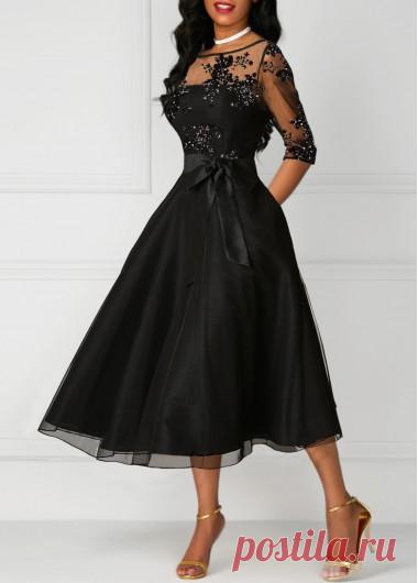 High Waist Lace Panel Three Quarter Sleeve Dress | Rotita.com - USD $36.87