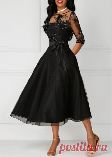 High Waist Lace Panel Three Quarter Sleeve Dress | Rotita.com - USD $36.87