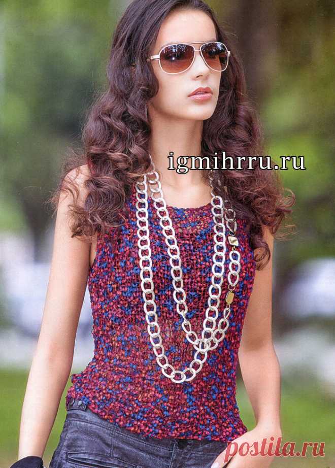 Прямоугольный летний топ из меланжевой пряжи. Вязание спицами