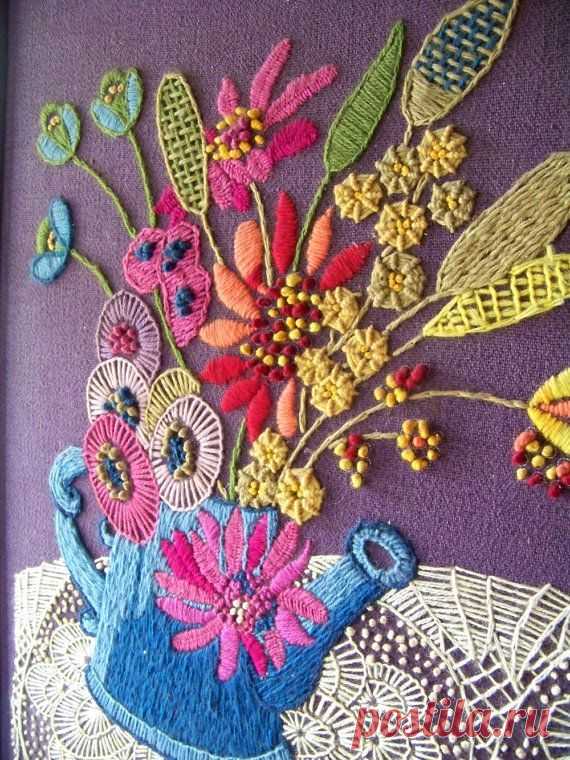 Large Vintage Crewel Embroidery Watering Can with Flowers on Plum Background
