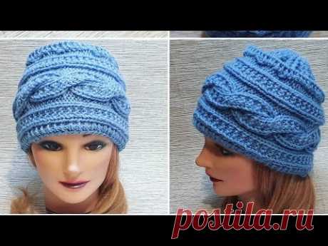 Шапка узором Жемчужный жгут( спицы+крючок)🧶❄очень просто