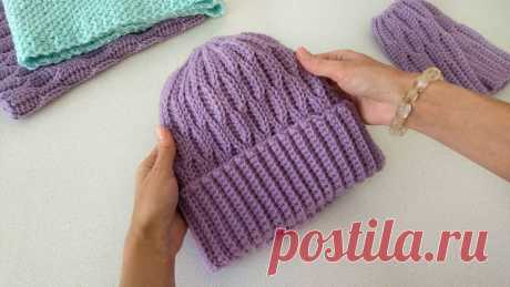 Красивая шапка крючком из одного мотка. Узор "Соты" . Шапка с отворотом / Crochet hat