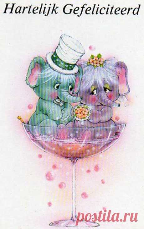 Vintage Postcard with cute elephant married by CuteEyeCatchers