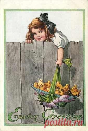 Charles Twelvetrees~Little Girl Lowers Easter Chick Basket Over Fence~Lilacs~'09