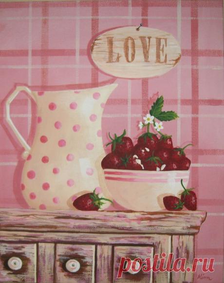 Strawberries and Cream Folk Art Print
