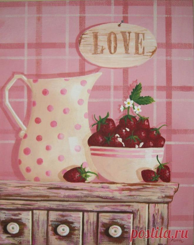 Strawberries and Cream Folk Art Print