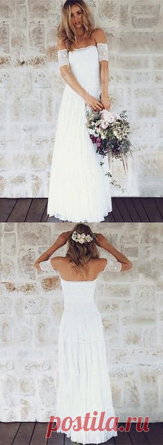 simple off the shlouder long wedding dresses, vintage white lace summer beach wedding dress for bride, cheap a line bridal gowns #wedding