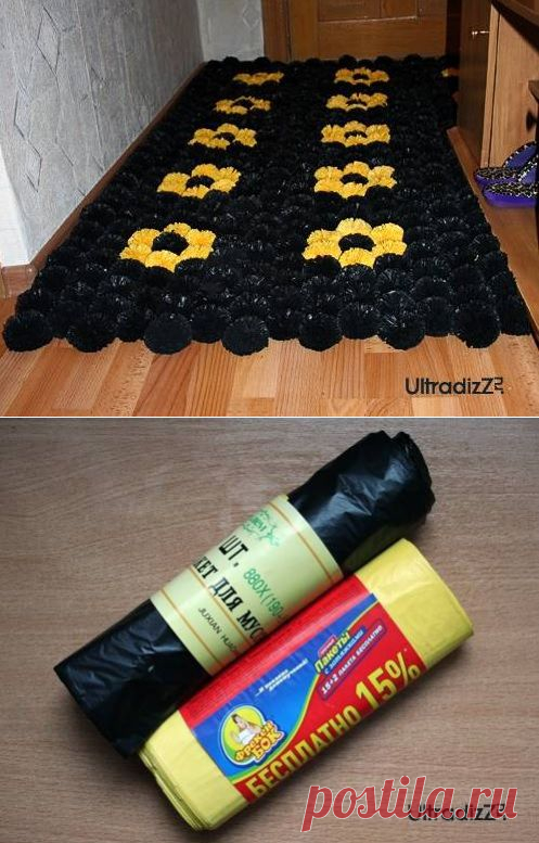 Коврик из помпонов,сделанных из пакетов. МК.