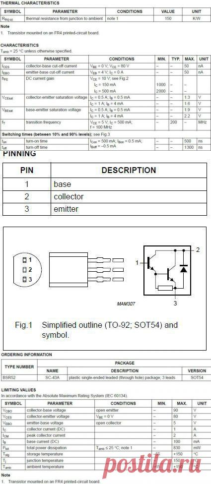 Npn транзистор дарлингтона BSR52
n-p-n TO-92