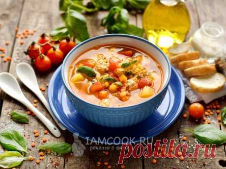 Томатный суп с чечевицей и куриными фрикадельками — рецепт с фото Томатный суп с чечевицей и куриными фрикадельками — ароматное, сытное и питательное первое блюдо.
