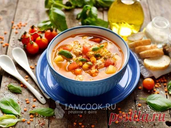 Томатный суп с чечевицей и куриными фрикадельками — рецепт с фото Томатный суп с чечевицей и куриными фрикадельками — ароматное, сытное и питательное первое блюдо.