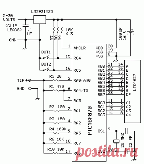 Суперпробник на PIC. Суперпробник может измерять напряжение, частоту, емкость, индуктивность, генерировать различные сигналы и многое другое, и все это на одной микросхеме - PIC16F870, и четырехрязрядном 7-сегментном индикаторе. Вместо индикатора LTC4627 может быть использован любой другой с общими анодами.
