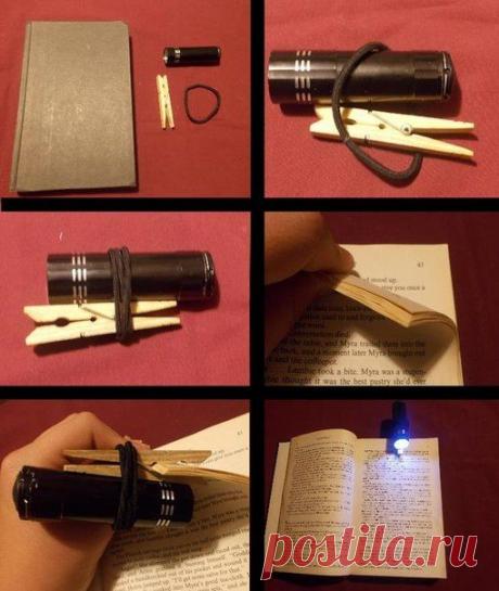 Фонарик + резинка + прищепка = самодельная подсветка для книги