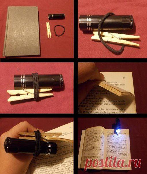 Фонарик + резинка + прищепка = самодельная подсветка для книги
