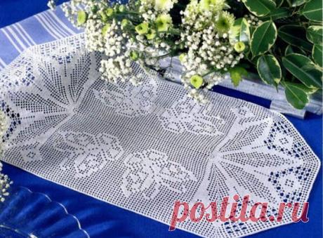 Вязаная крючком в филейной технике овальная салфетка с растительным узором. Схема