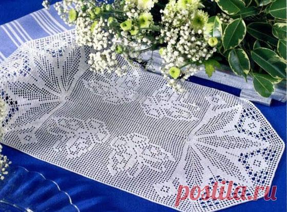 Вязаная крючком в филейной технике овальная салфетка с растительным узором. Схема