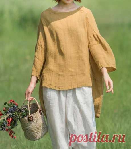 Linen shirt in Ginger yellow, Linen top, Linen shirt women, Linen blouse in Pink 【Fabric】  linen 【Color】 Ginger yellow， Pink 【Size】 Shoulder width is not limited Bust 118cm/ 46  Shoulder + sleeve 57cm / 22  Length 59-77cm / 23-30   Have any questions please contact me and I will be happy to help you.