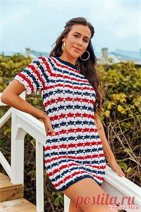 Платье Navy. МАТЕРИАЛЫ по 2 мотка Anne (147 г) каждого цвета: 2856 (Deep Indigo), 3402 (Red Circle) и 8001 (White);  Крючок 3,0 мм; https://www.circulo.com.br/