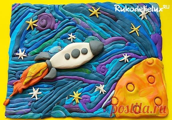 Аппликация из пластилина ко Дню космонавтики "Полёт на Луну"