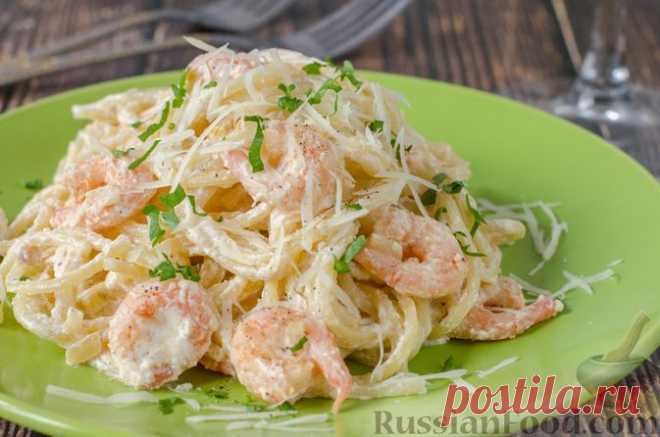 Рецепт: Паста с креветками в сливочно-чесночном соусе на RussianFood.com