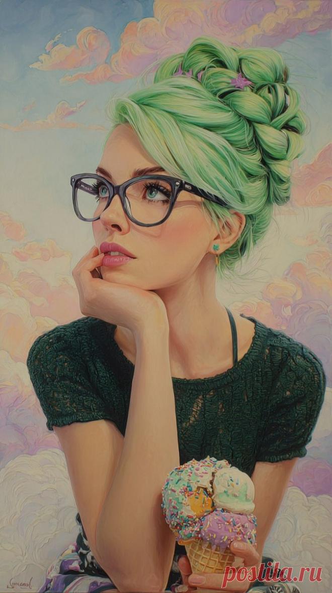 Яркая девушка с зелёными волосами и мороженым в сказочном небе. Генерация из нейросети Midjourney - Midjourney примеры промтов - Форум ИИ о нейросетях - Yes Ai