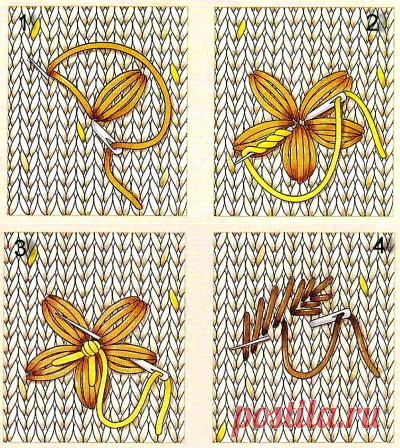 Как вышить цветы и листья на вязаном полотне.