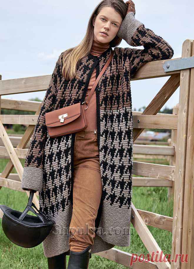 Удлиненный кардиган с узором &laquo;Гусиная лапка&raquo; &mdash; Shpulya.com - схемы с описанием для вязания спицами и крючком