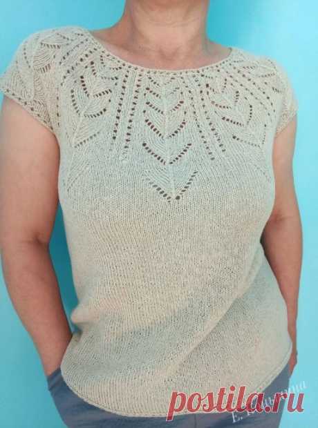 Круглая кокетка спицами Автор: Елена КоньшинаЛетний топ на круглой кокетке.Пряжа бобинная. Артикул Gomena, состав: 70% хлопок, 30% лён. Метраж - 1650 м/100 гр. Цвет - натуральный цвет льна. Связано в 4 нити на спицах номер 3,25. Рапорт узора кокетки 16 петель. Я набирала 10 рапортов плюс 1 петля для замыкания в...