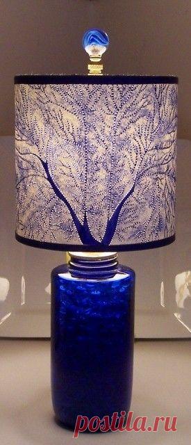 Cut & Pierced Fan Coral Shade w/OOAK Vintage Cobalt Lamp
