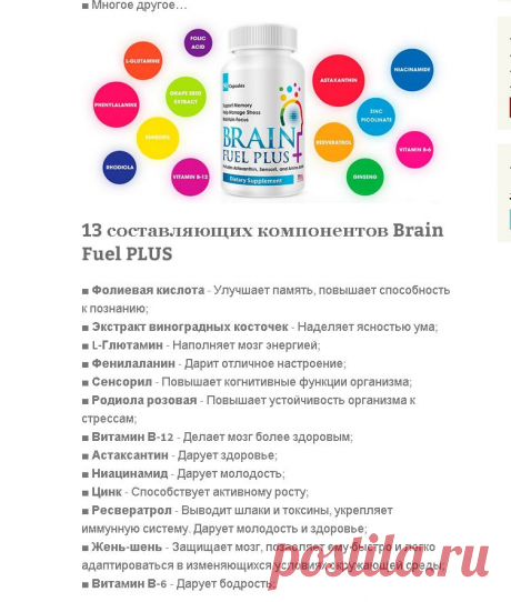Основные ингредиенты Продукта Брейн Фул Плюс: 
L – Глютамин
Астаксантин
Женьшень
Витамин В-6
Витамин В-12
Ниациномид (Витамин В-3)
Радиола Розовая
Ресвератрол
Сенсорил
Цинк
Фолиевая кислота
Фенилаланин
Экстракт виноградного семени