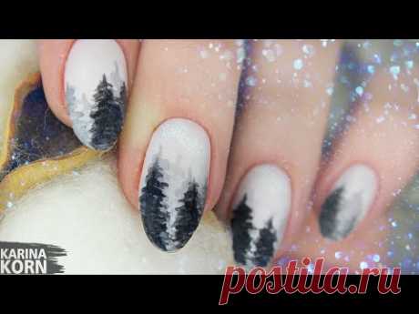 🎄Акварель маникюр /🌲 Дизайн ногтей маркером / ТРЕНД Зимний лес / Модный маникюр из Инстаграм