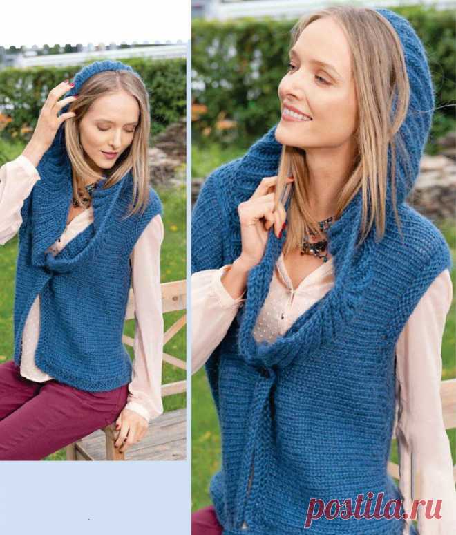 Синяя жилетка спицами с капюшоном - Портал рукоделия и моды