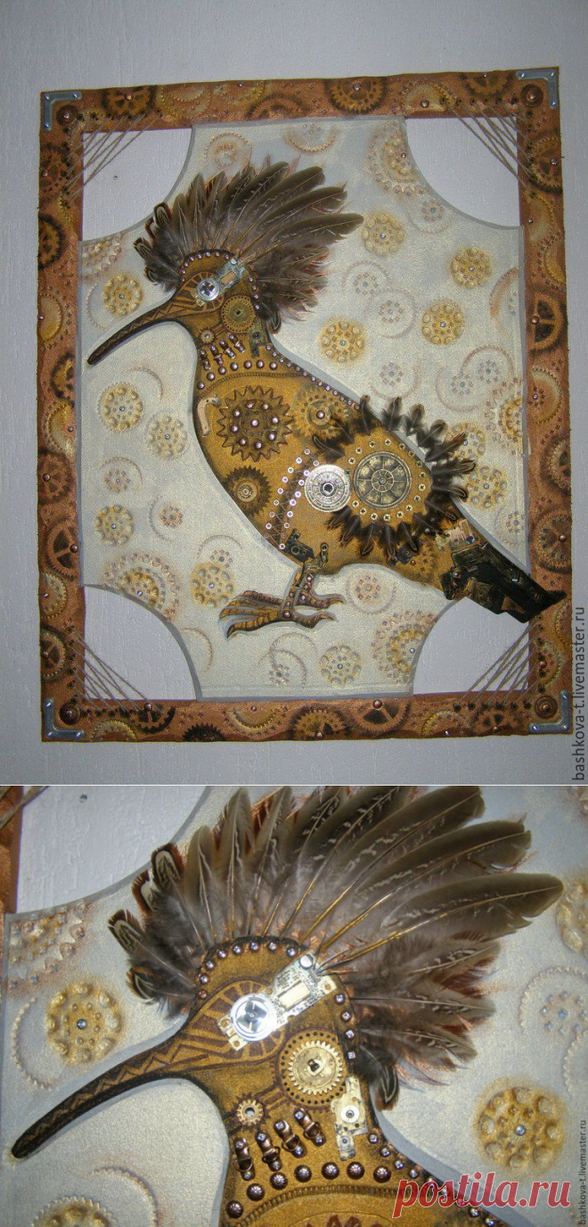 Чудо-птица в стиле Стимпанк - панно, картина, стимпанк, птица, перья, перья
