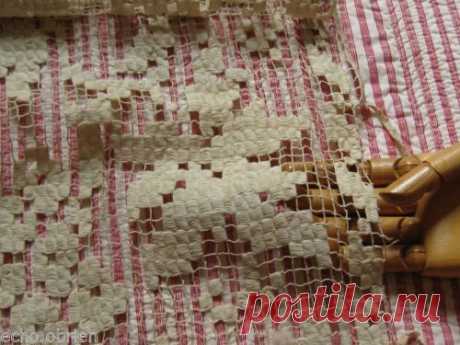 Antique Rustic ECRU Large Scale Abstract Fringed Filet LACE RUNNER 14&quot;x 58&quot;