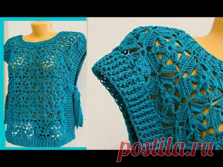ЖИЛЕТ  безотрывными МОТИВАМИ , вязание КРЮчКОМ , crochet vest ( (В№ 397)