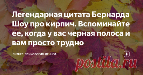 Легендарная цитата Бернарда Шоу про кирпич. Вспоминайте ее, когда у вас черная полоса и вам просто трудно За свою жизнь человек проходит через большое количество трудностей, испытаний, получает свою порцию боли. Неудача, предательство, разочарование, крушение планов. Он переживает палитру самых разнообразных эмоций. И далеко не всегда это приятные эмоции. Но очень важно удержать себя от уныния и апатии. Нельзя просто сложить руки и перестать бороться.  У Бернарда Шоу есть ...