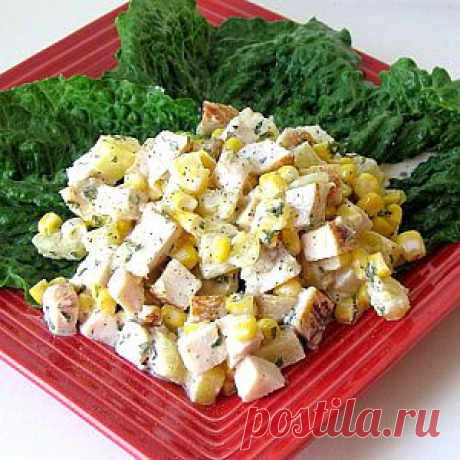 Кукурузный салат с курицей и грибами и с майонезом