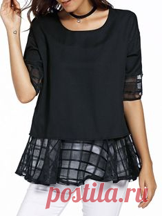 Sweet Half Sleeve Round Neck Bowknot Design Spliced Chiffon Blouse For Women, BLACK, 2XL in Plus Size Tops | DressLily.com