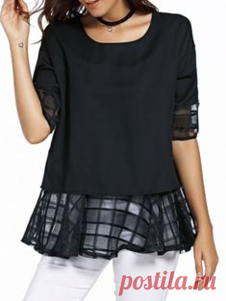 Sweet Half Sleeve Round Neck Bowknot Design Spliced Chiffon Blouse For Women, BLACK, 2XL in Plus Size Tops | DressLily.com