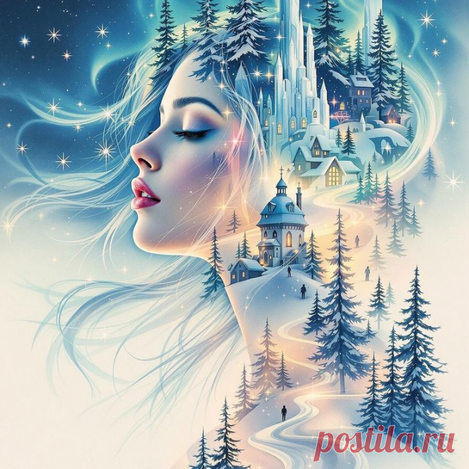 “A breathtaking double exposure composition of a serene woman with soft, ethereal features blending into a surreal magical winter world. He… | Картинки, Вдохновение 27.11.2024 - “A breathtaking double exposure composition of a serene woman with soft, ethereal features blending into a surreal magical winter world. Her silhouette and face are delicately intertwined with elements of a snowy dreamscape: towering crystalline ice structures, snow-laden evergreen trees, and shimm...