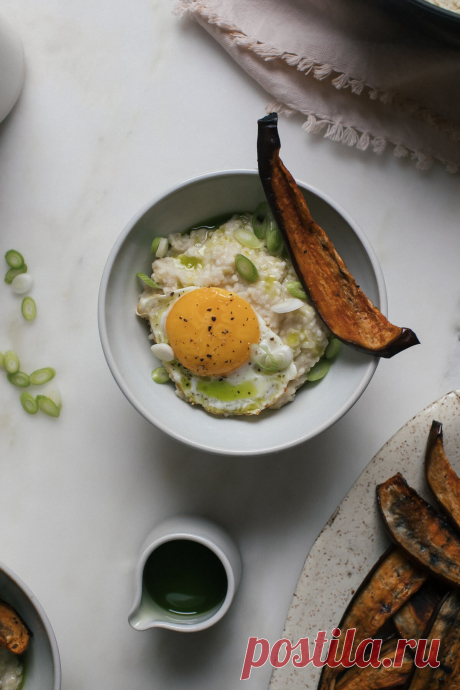 Miso Millet “Polenta” with Green Onion Oil + Eggplant Bacon – A Cozy Kitchen