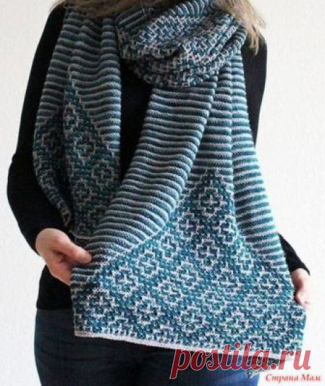 . Шарф ленивым жаккардом спицами Здравствуйте! Нашла в Pinterest замечательную модель шарфа-палантина, выполненного в технике "ленивого" жаккарда.
